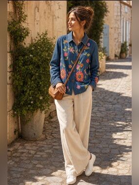 New Identity Embroidered Floral Denim Jacket shirt Y2K Boho Festival